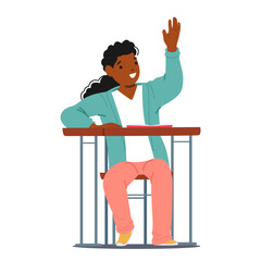 Active African American schoolgirl cartoon character raising hand up while sitting at desk