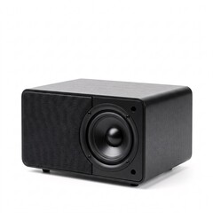 Obraz premium A compact black subwoofer with a mesh grille partially covering the front, isolated on a white background