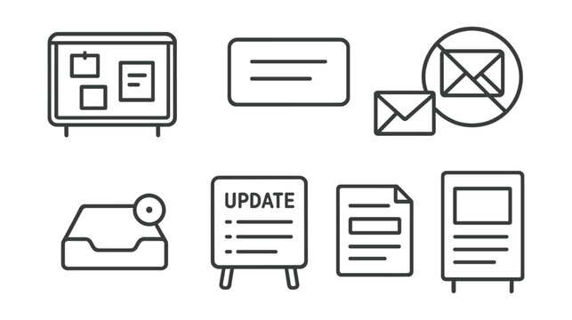 Line style icons of minimalist school communication: one notice board, clear font sign, short message card, no spam alert icon, focus-only inbox badge, weekly update board, essential info highlight,