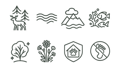 Line style icons of nature and protection: forest with animal symbol, river flow line, mountain and cloud, coral and fish icon, clean air tree, wildflower patch, safe animal home, “don’t step here”