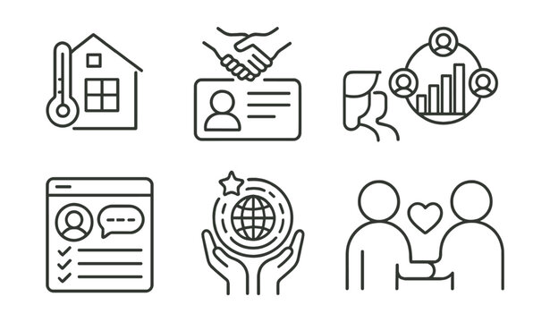 Line style icons of collaborative green goals: dorm climate tracker, team eco pledge card, class impact chart, shared reflection post, joint improvement badge, green idea pool, one act a day list,