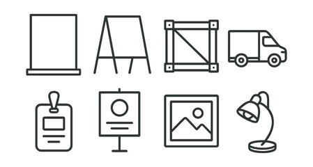 Line style icons of pop-up exhibitions: temporary wall panel, folding stand icon, transport crate, mobile gallery van, short-term pass, “one day only” poster, quick mount frame, portable spotlight.