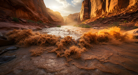 Turbulent River Flows Through A Narrow Canyon During Golden Hour
