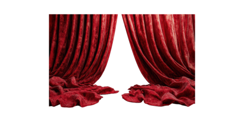 Red Velvet Theater Curtains Opening. Dramatic Stage Reveal And Performance Concept Isolated On Transparent Background