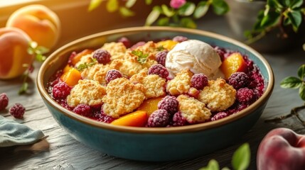 Peach and raspberry crumble dessert with vanilla ice cream