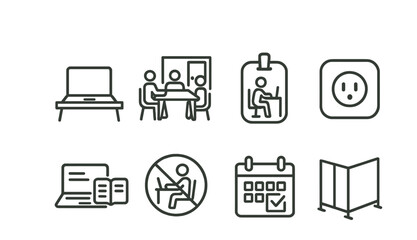 Line style icons of study and workspaces: laptop on table, group study room icon, individual booth badge, outlet symbol, open laptop with notes, silent work area sign, booked room calendar, focus
