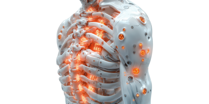 Futuristic Robotic Torso With Illuminated Circuitry. Advanced Technology And Cybernetic Innovation Isolated On Transparent Background