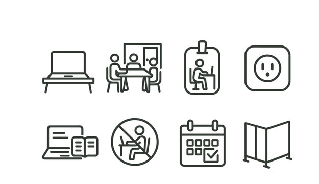 Line style icons of study and workspaces: laptop on table, group study room icon, individual booth badge, outlet symbol, open laptop with notes, silent work area sign, booked room calendar, focus