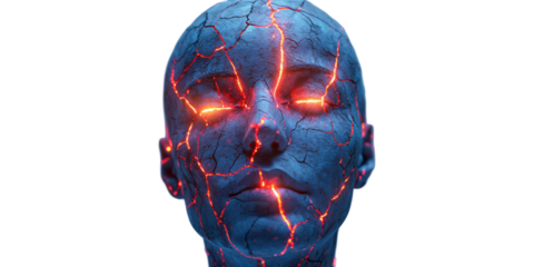 Cracked Blue Human Face With Glowing Red Lines. Symbolizes Inner Energy And Transformation Isolated On Transparent Background