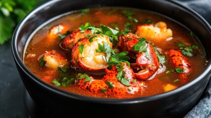 A bowl of red soup with shrimp and parsley