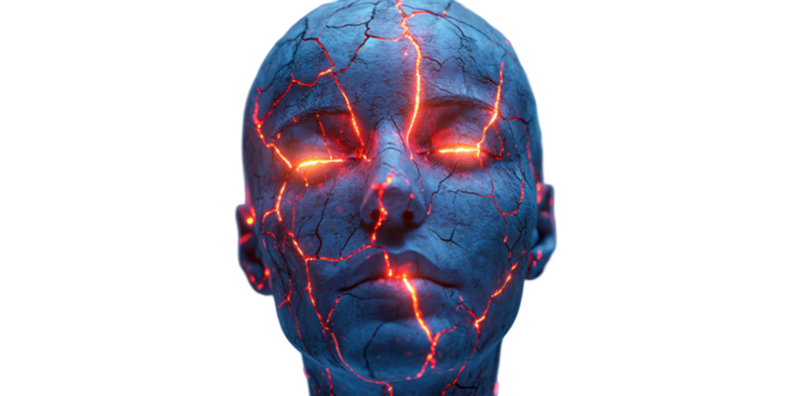 Cracked Blue Human Face With Glowing Red Lines. Symbolizes Inner Energy And Transformation Isolated On Transparent Background - Powered by Adobe