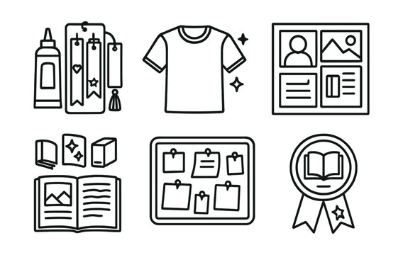 Line style icons of creative add-ons: DIY bookmark set, club T-shirt icon, illustrated reading log, photo collage from meetings, book-themed stickers, member-made zine, memory wall board, end-of-year