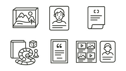 Line style icons of student literary projects: diorama of scene, illustrated character file, script adaptation page, dramatic reading icon, novel board game, quote poster, book trailer storyboards,