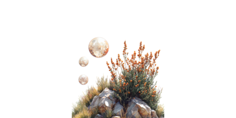 Desert Flora With Floating Bubbles. Surreal Nature And Imagination Concept Isolated On Transparent Background
