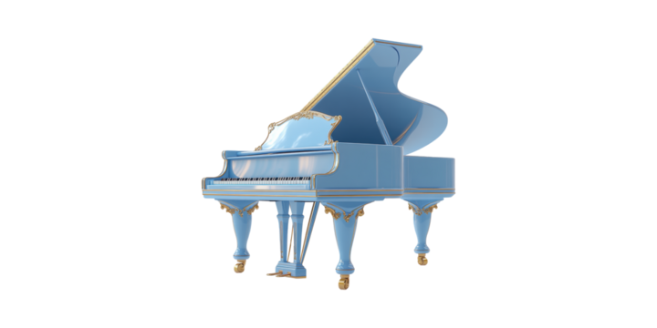 Elegant Blue Grand Piano With Gold Accents. Luxury Musical Instrument Design Isolated On Transparent Background - Powered by Adobe