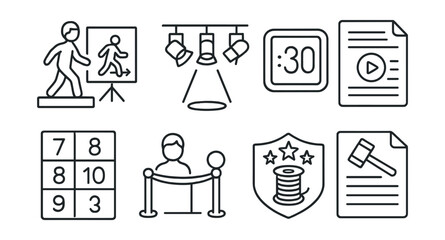 Line style icons of cosplay competition prep: walk-on rehearsal board, stage lighting plan, time limit countdown, performance script page, scorecard sheet, pre-judging zone icon, craftsmanship badge,