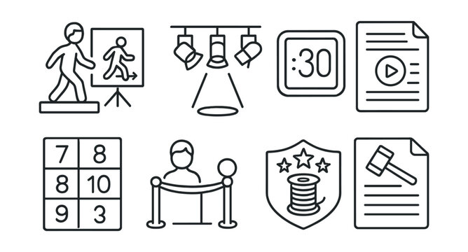 Line style icons of cosplay competition prep: walk-on rehearsal board, stage lighting plan, time limit countdown, performance script page, scorecard sheet, pre-judging zone icon, craftsmanship badge,