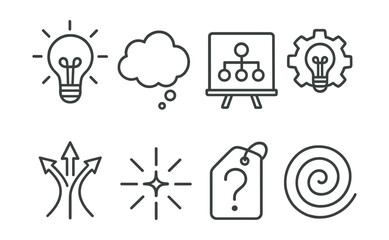 Line style icons of creative thinking tools: idea lightbulb, thought cloud, mind map board, creative process gear, brainstorming arrows, spark icon, “what if” tag, imagination swirl.