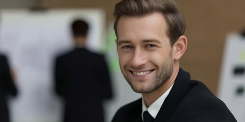 businessman smiling with team poster behind him