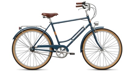 Fototapeta premium A side view of a blue bicycle with brown seat and tires on a white background in a studio setting