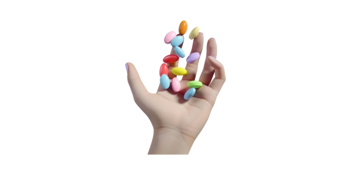 Hand Holding Colorful Pills. Concept Of Medication, Health, And Pharmaceutical Care Isolated On Transparent Background