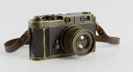 Close up of a vintage camera with a leather strap on a white background in a studio setting