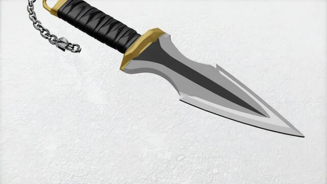 Close-up of sharp decorative dagger with silver blade, black grip, and a small decorative chain lying on white textured surface