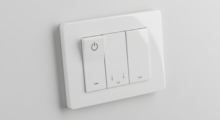 Fototapeta premium A white light switch with three buttons on a white wall in a close up studio shot with soft lighting