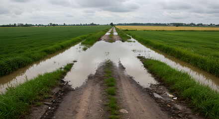 Muddy Road Leading Through Verdant Farmland Under Grey Overcast Sky