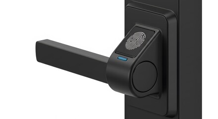 A close up of a black door handle with a fingerprint scanner and a blue light indicator on the side