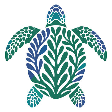 Colorful Sea Turtle with Leaf Patterns on a White Backdrop of Marine Life and Natural Beauty