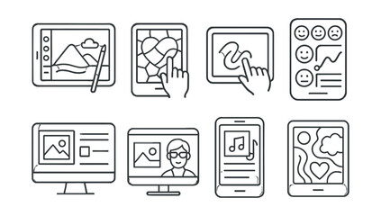 Line style icons of digital art therapy tools: tablet with drawing app, guided emotion coloring screen, touch-to-doodle pad, mood tracker with visuals, online sketch reflection form, art therapist