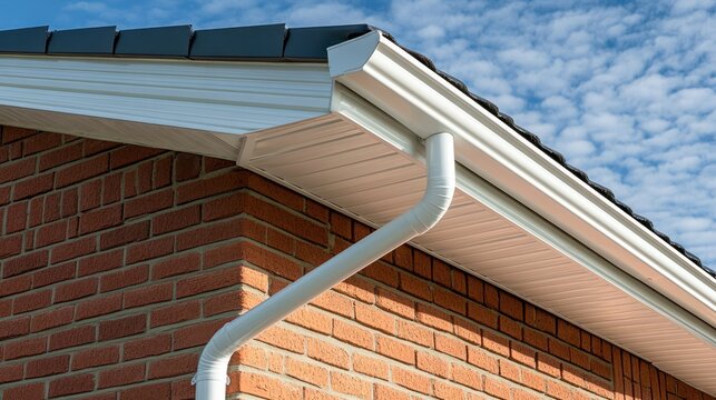House exterior white gutter and downspout on brick wall