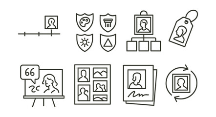 Line style icons of inspirational artists and movements: art history timeline icon, art movement badges row, visual influence tree, favorite artist tag, quote + sketch board, master study sheet,