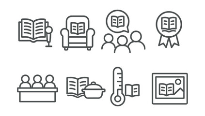 Line style icons of book club events: live reading session, author guest seat, themed discussion icon, monthly vote badge, wrap-up panel, book-themed potluck, reading challenge meter, photo recap