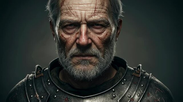 Close-up of old brave knight in metal armor, with scars on his face after medieval battle. Concept for courage, bravery, history, tradition, historical reconstruction.