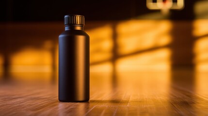 Black sports water bottle positioned on a gym floor, illuminated by warm sunlight, basketball court in background
