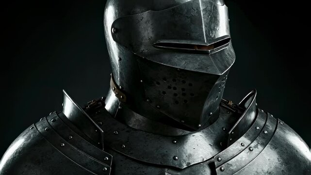 Knight armor detail close up. Dark background with steel medieval armour suit. Protection for war, security and history concept in middles ages.