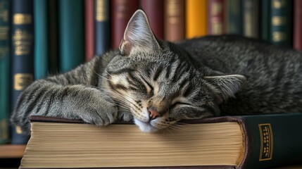Sleeping cat on book in library