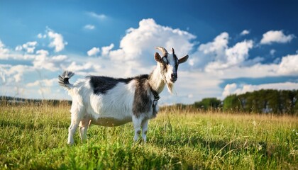Obraz premium goat stands in a grassy field under a blue sky with white clouds on a sunny day