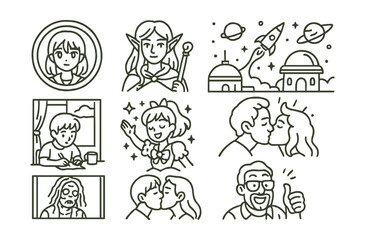 Line style icons of fan art genres: anime redraw badge, fantasy fan portrait, sci-fi world mashup, slice-of-life rework, magical transformation scene, horror AU frame, romantic ship kiss, humorous