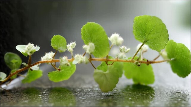 Delicate creeping stem with rounded green leaves and small white flowers