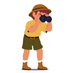 Curious boy scout cartoon character in uniform watching through binocular isolated on white