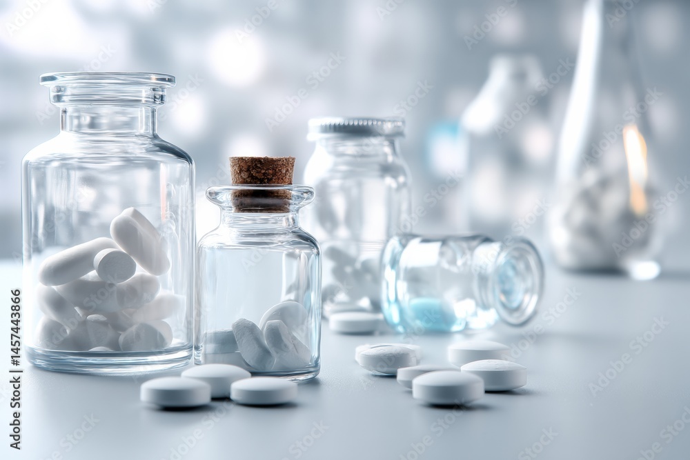 Poster floating pills and glass bottles create a clean pharmacy atmosphere with a soft white background gen
