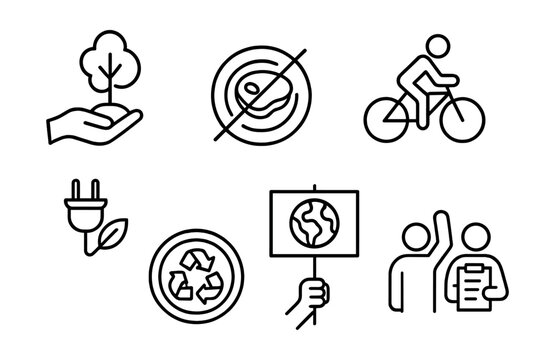 Line style icons of climate action steps: plant a tree symbol, reduce meat plate, sustainable commute icon, energy-saving plug, zero waste badge, protest sign + globe, join youth movement icon,