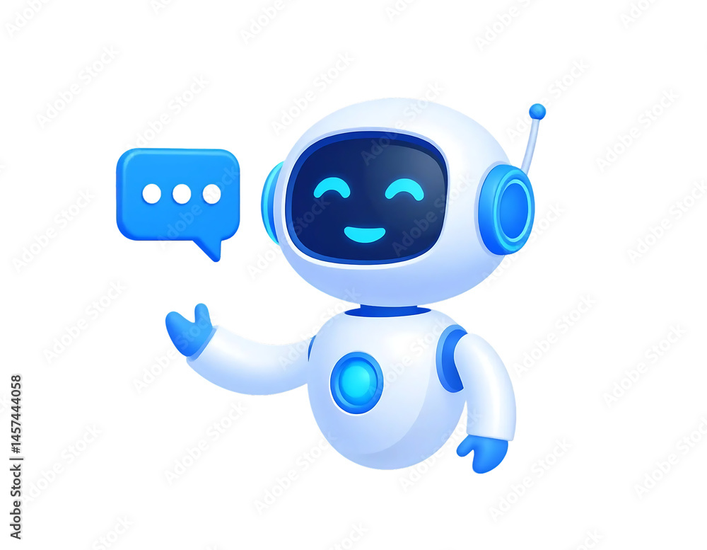 Poster happy robot. 3d ai character, chat bot mascot isolated on white background, gpt chatbot icon. artifi