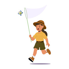 Pretty girl scout cartoon character holding net running trying to catch butterfly isolated on white