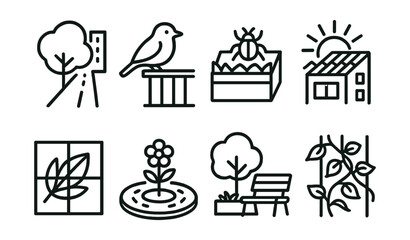 Line style icons of nature in urban life: tree along street icon, bird on balcony rail, insect in planter, sunrise over green roof, leaf shadow window, flower in traffic circle, quiet corner green