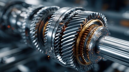 Close-up of a high-tech gearbox with polished metal gears, showcasing precision engineering and technological advancement
