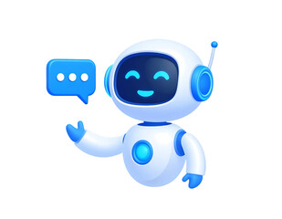 Funny happy robot – 3D GPT chatbot icon, artificial intelligence mascot character. Trendy tech support, computer AI assistant, white background isolated